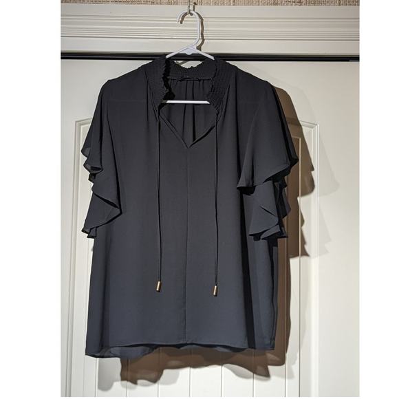 T Tahari Black Flutter Sleeve Smock Neck Tie Front Blouse Womens Sz L - Picture 12 of 12
